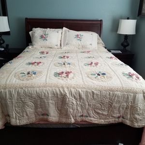 Vintage crocheted bedspread w 2 pillow shams. Tablecloth, curtains.